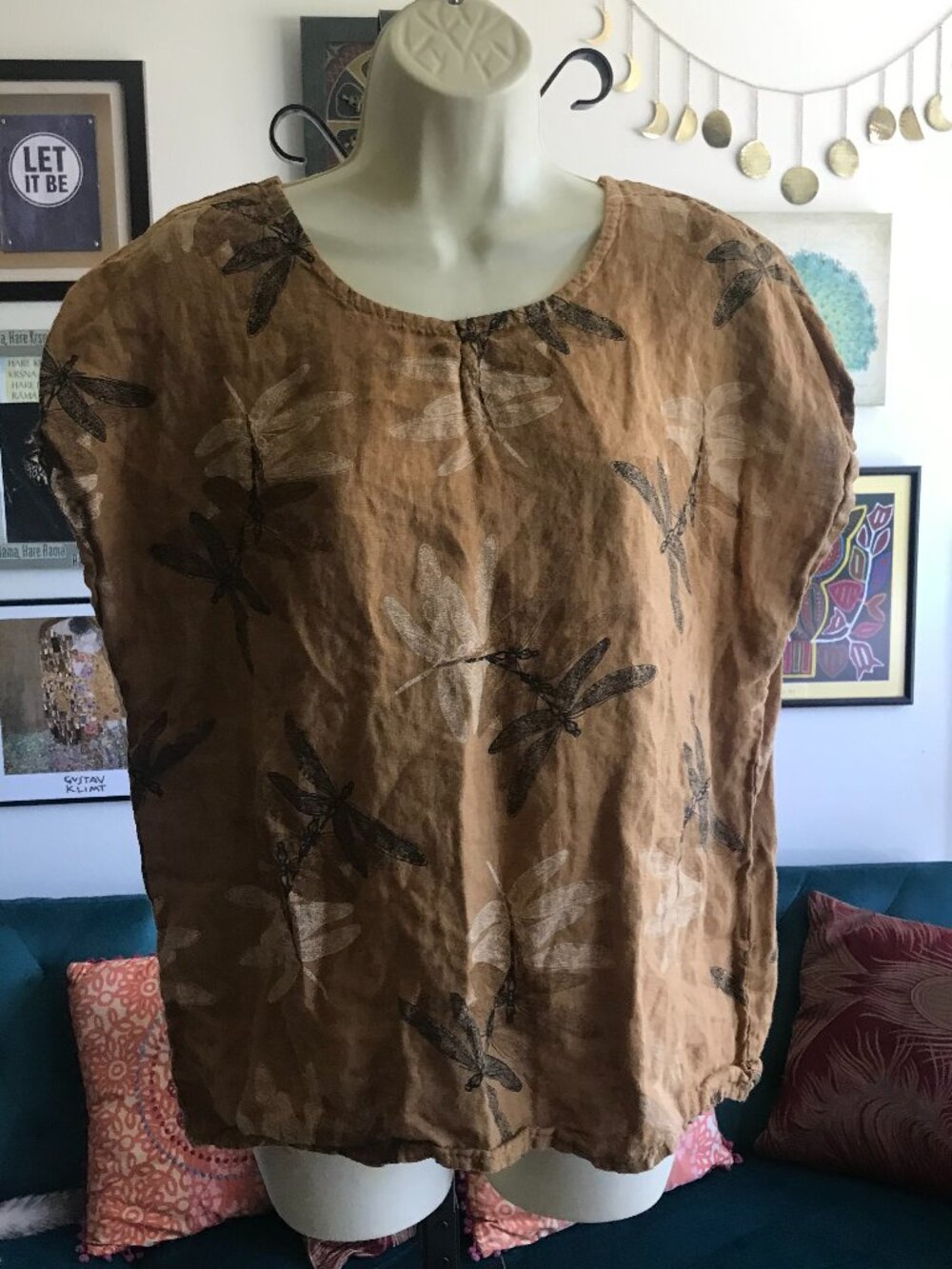 ELENA BALDI size M Brown Dragonfly Print Linen Artsy Blouse Top Made in Italy